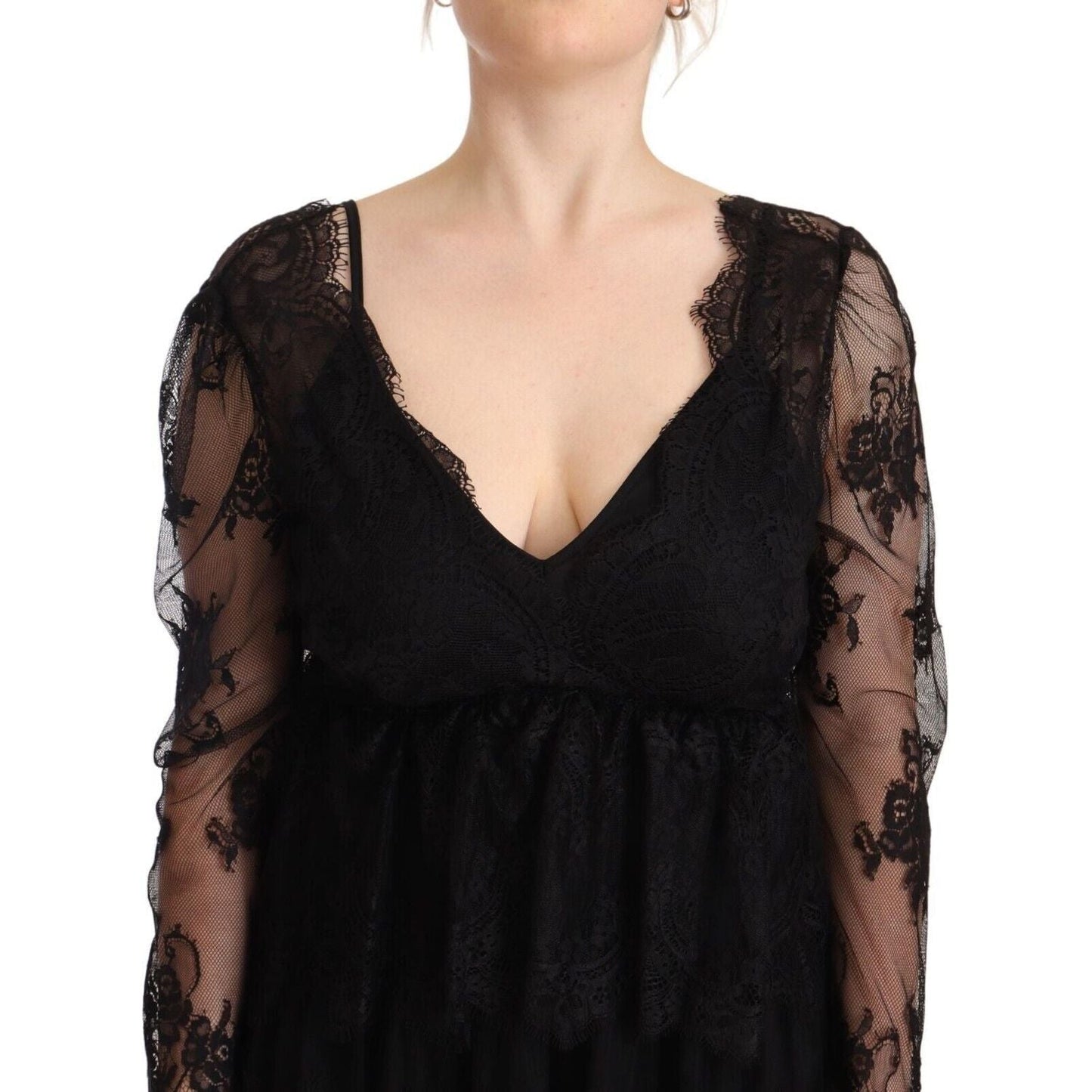 Aniye By Black Floral Lace Cotton Long Sleeves V-neck Shift Dress