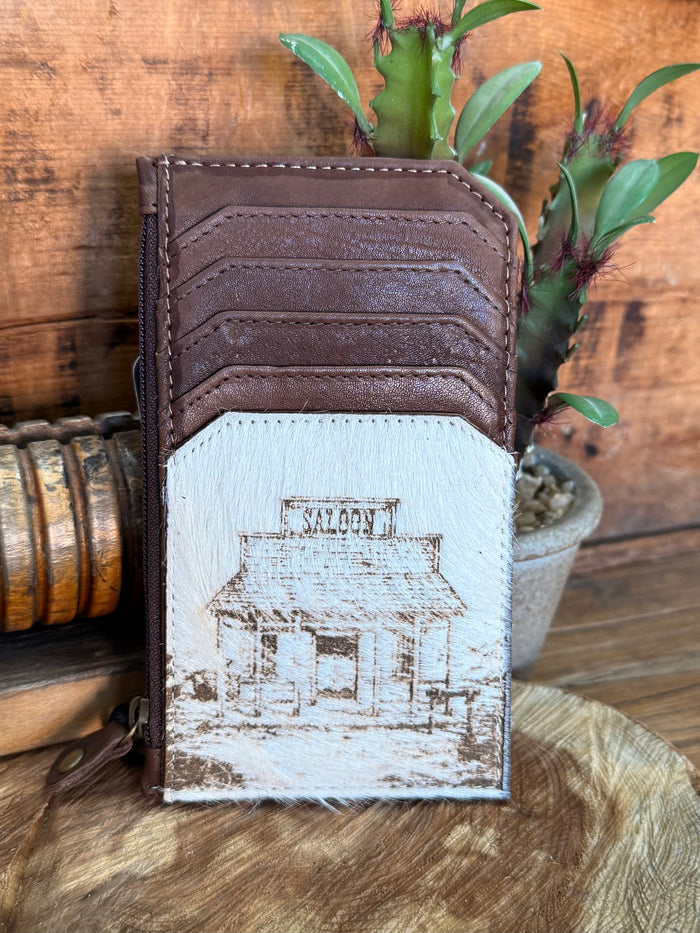 Brown cowhide card coin wallet with card slots and white printed building graphic