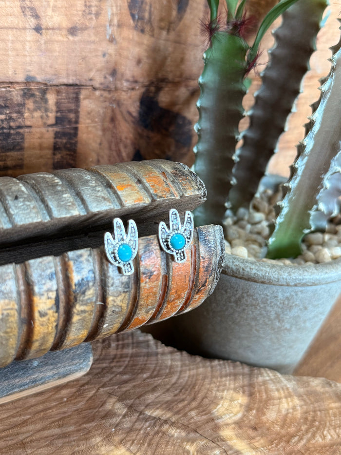 Cactus stud earrings, turquoise crystal eyes, silver-tone cactus top and prongs