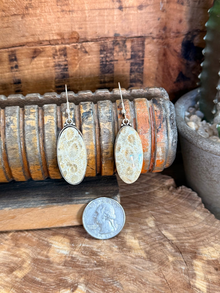 Silver fishhook earrings with oval light blue stone, shown with small coin for scale