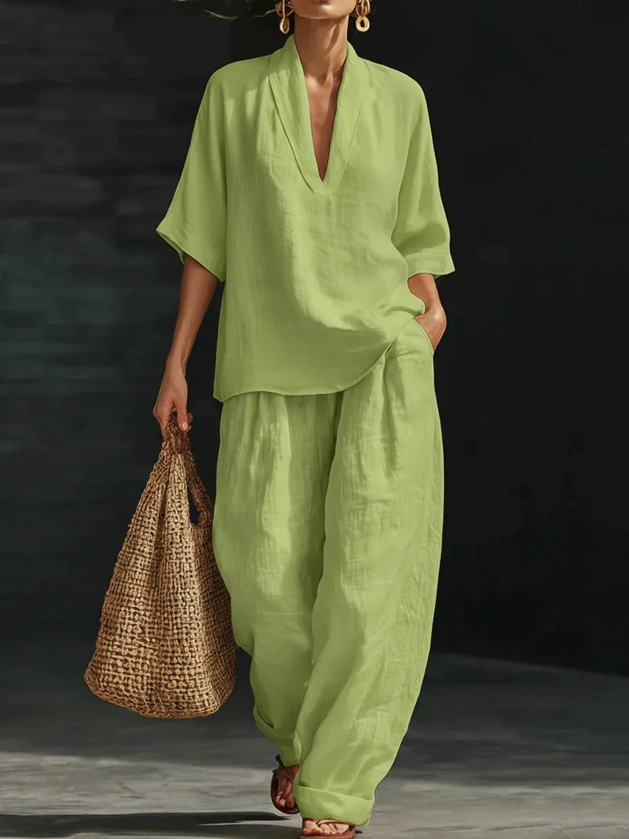 üì¢üì¢40% OFF !! ‚è∞Women's Casual V-Neck Top and Wide-Leg Trousers Setüëöüëñ