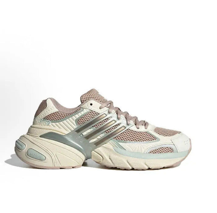 Adidas Adistar XLG lace-up running shoes, pair view in beige with pink mesh and blue accents