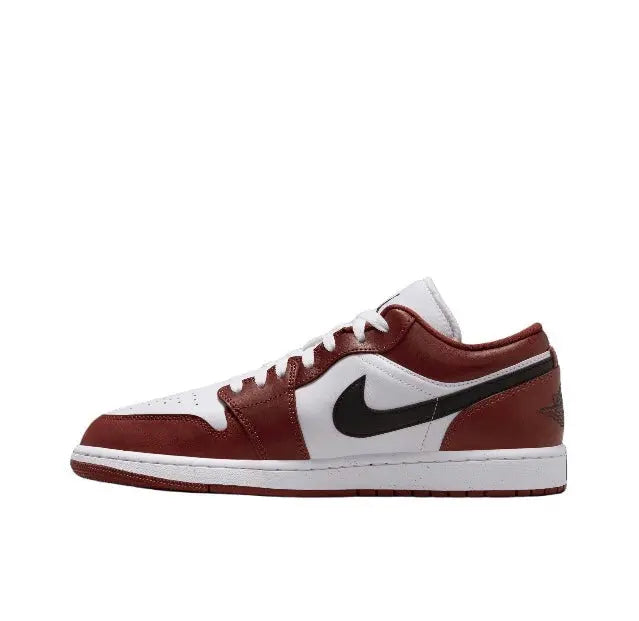 Low-top sneakers side view, white and burgundy with black Swoosh
