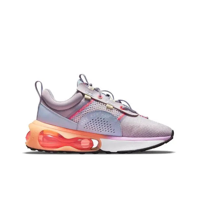 Nike Air Max 2021 sneakers, lavender and gray upper with red Air unit and black Swoosh