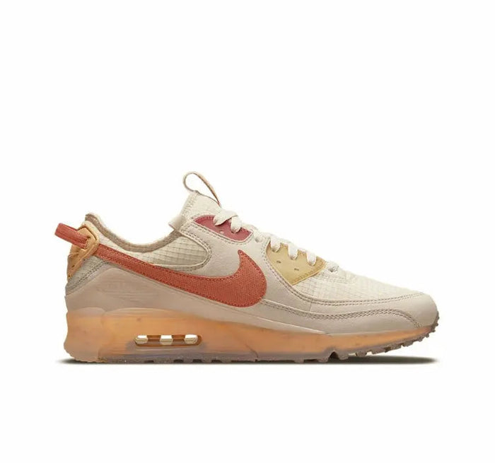 Air Max 90 sneaker, light tan mesh with orange Swoosh and clear air sole unit