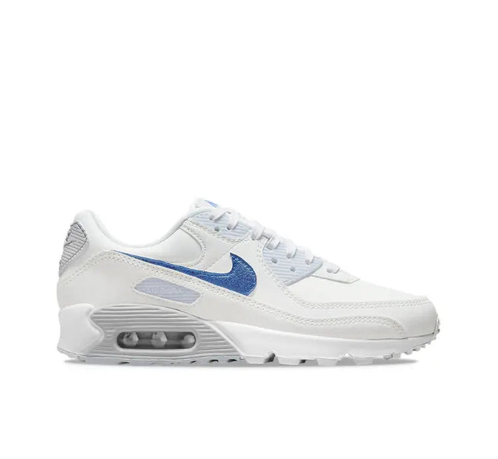 White side-profile running sneaker with blue swoosh and Air window