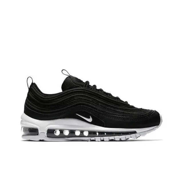 Black low-top sneaker side view with Nike swoosh and clear Air cushioning