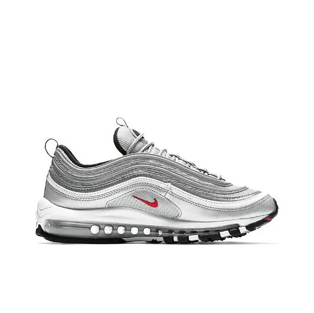 Metallic silver running sneaker with red swoosh, black outsole, and Air Max bubbles
