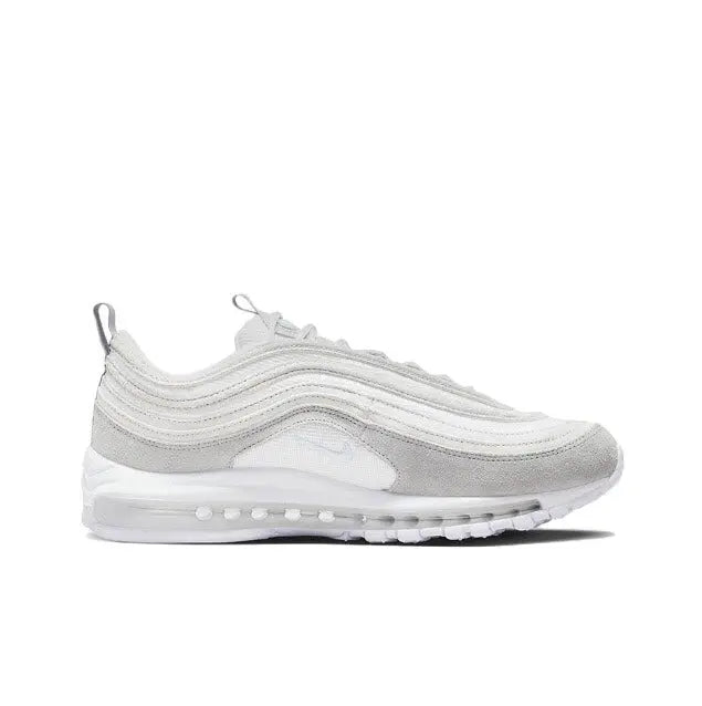 White lace-up running sneaker with wavy side panels and clear air-cushion midsole