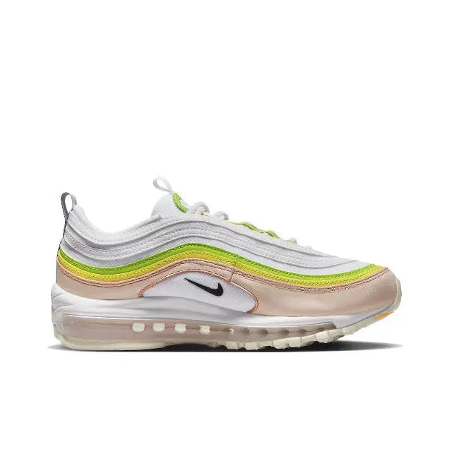 Running sneaker side profile, white with neon green/yellow wave trim and black swoosh