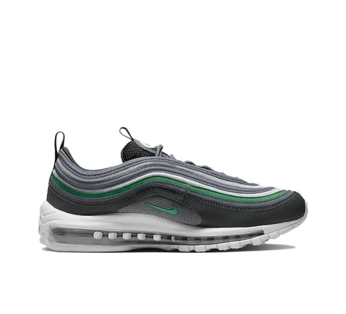 Air Max 97 sneaker side profile with green wave trim and cushioned air sole