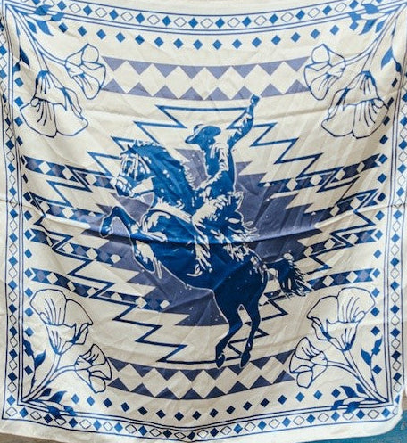 Wild rag scarf with cream and navy geometric zigzag pattern and blue horse-rider print