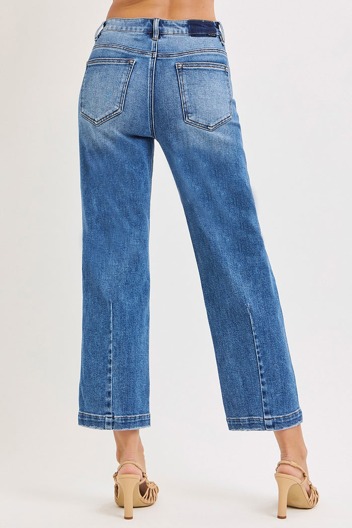 Risen cropped tapered boyfriend jeans, medium-wash denim, cuffed hem, five-pocket styling