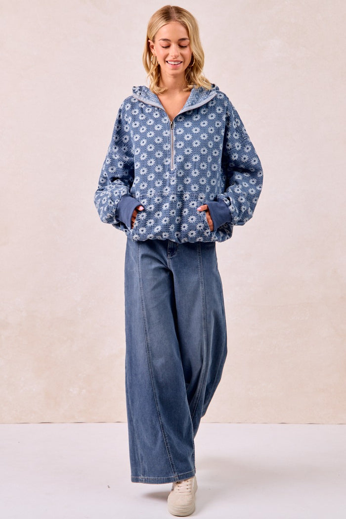 Blue floral-print denim zip hoodie with hood and front pockets