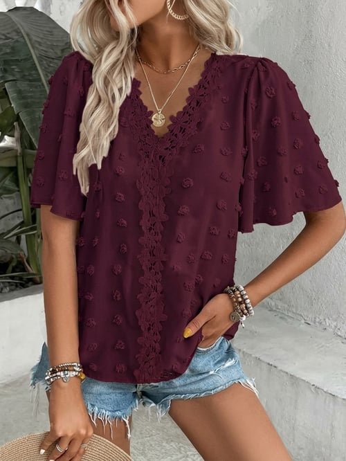 üî• Elegant Swiss Dot Lace Butterfly Sleeve Shirt, Long Sleeve Commuter Top, Loose Fit Casual Summer Blouse for Women