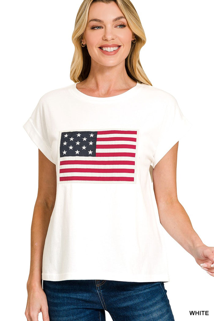 White cotton T-shirt with American flag graphic on the front