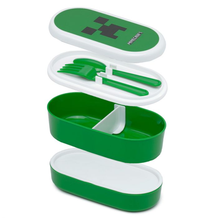 minecraft creeper bento lunch box opened showing stacked compartments fork and spoon