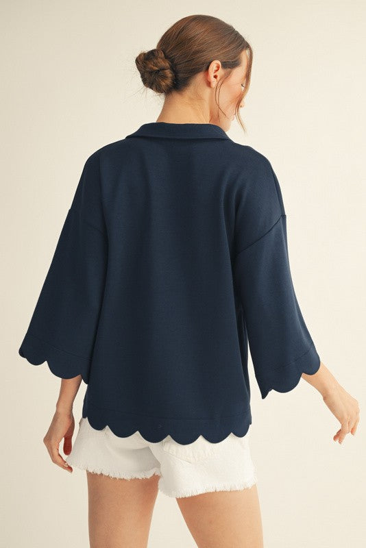 Dark navy 3/4 sleeve shirt with scalloped hem, shown from back