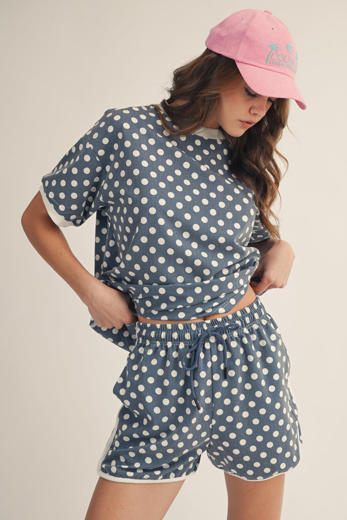 Navy and white polka dot t-shirt and matching shorts set, elastic waistband