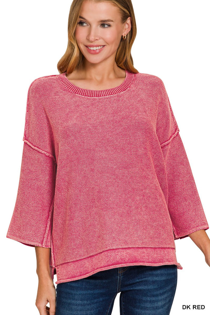 Mineral-washed cotton 3/4 sleeve sweater in red with crew neck