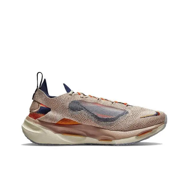 3/4 front view of knit running sneaker in oatmeal with navy heel and white midsole