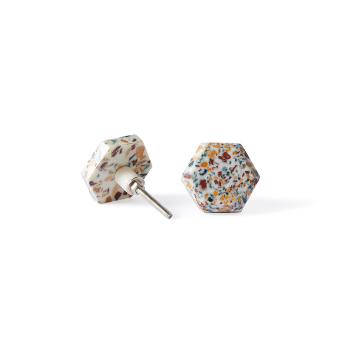 Speckle Hexa Knob 4.6cm earrings feature a hexagonal shape with a multicolored speckled terrazzo pattern and silver posts, shown on a white background.