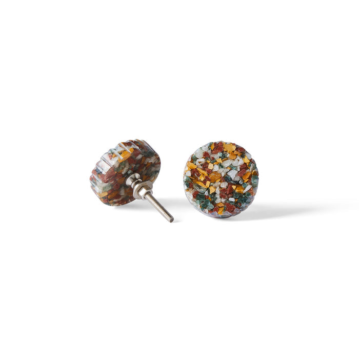 These round stud earrings feature a colorful terrazzo pattern inspired by the Speckle Multi Color Knob 4.2cm, with yellow, orange, blue, and green fragments on whiteโbringing home decor charm to your style.
