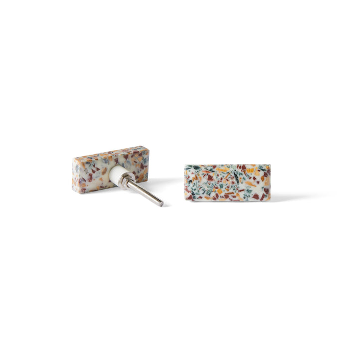The Speckle Terazzo Knob Small 5.4cm earrings, shaped as rectangles with a colorful terrazzo-inspired pattern, are displayed on a white backgroundโone lying flat and one standing upright to show the post.