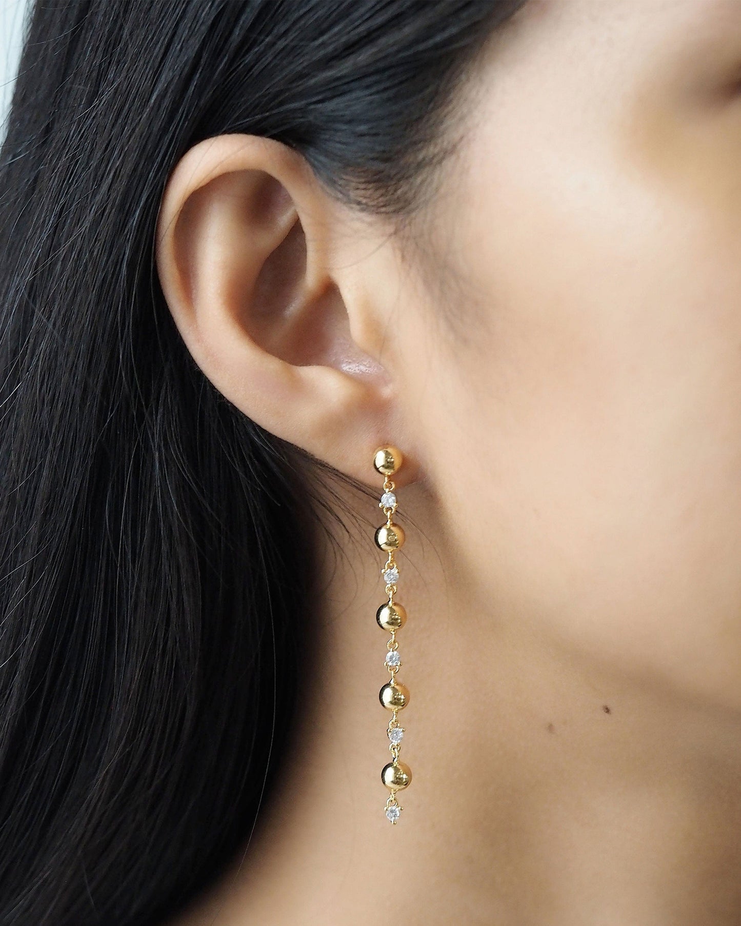 Linear Alternating Gold Ball And Cz Drop Earring