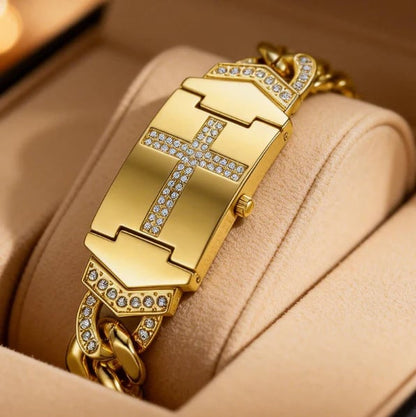 Sparkling Crystal Cross Watch‚ÄîGeometric Rectangular Dial, Premium Metal Strapüíé