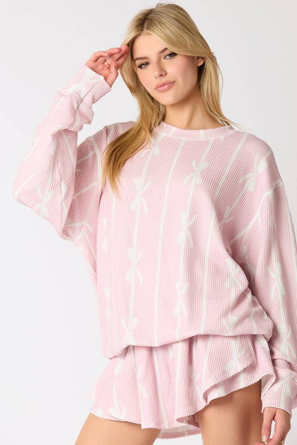 Bow Prints Urban Rib Loose Fit Knit Top