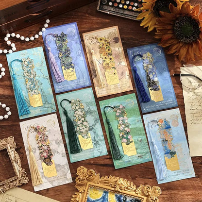 üìö‚ú® 8-Piece Gold Metal Bookmark Set with Tassel ‚Äì Van Gogh & Monet Inspired Gift for Book Lovers üé®