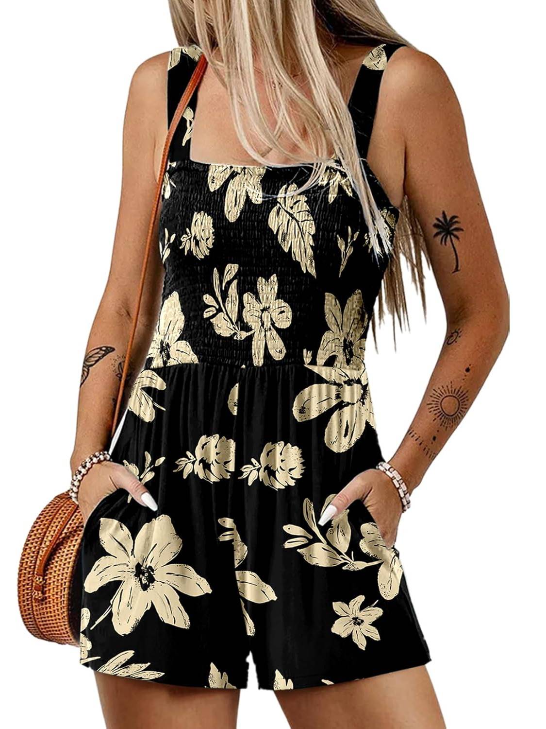 ‚è∞Hot Sale 49% OFFüíÉWomen's Summer Square Neck Sleeveless Loose Casual Short Smocked Romper