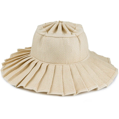 Handmade Foldable Straw Sun Hat for Women ‚Äì UPF 50+ Wide Brim Pleated Beach Hat with Ponytail Opening & Packable Roll-Up Design