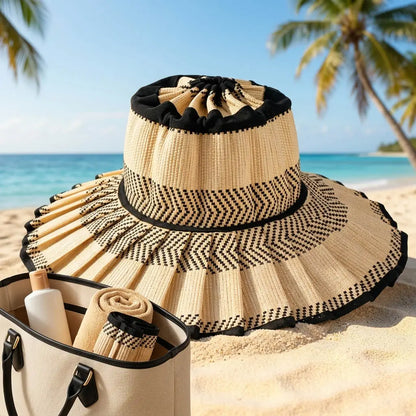 Handmade Foldable Straw Sun Hat for Women ‚Äì UPF 50+ Wide Brim Pleated Beach Hat with Ponytail Opening & Packable Roll-Up Design