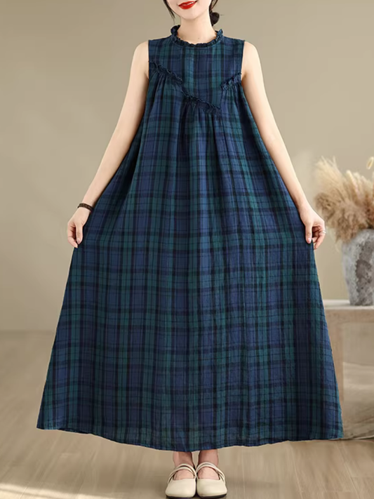 Sleeveless Plaid Maxi Dress in Airy Cotton Linen Blend Elegance
