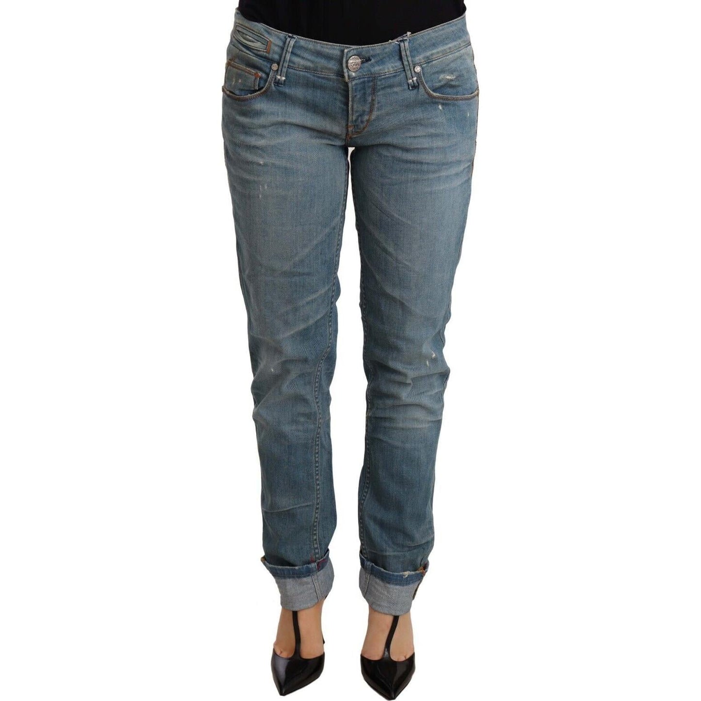 Acht Blue Washed Cotton Folded Hem Women Trouser