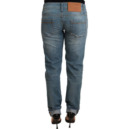 Acht Blue Washed Cotton Folded Hem Women Trouser