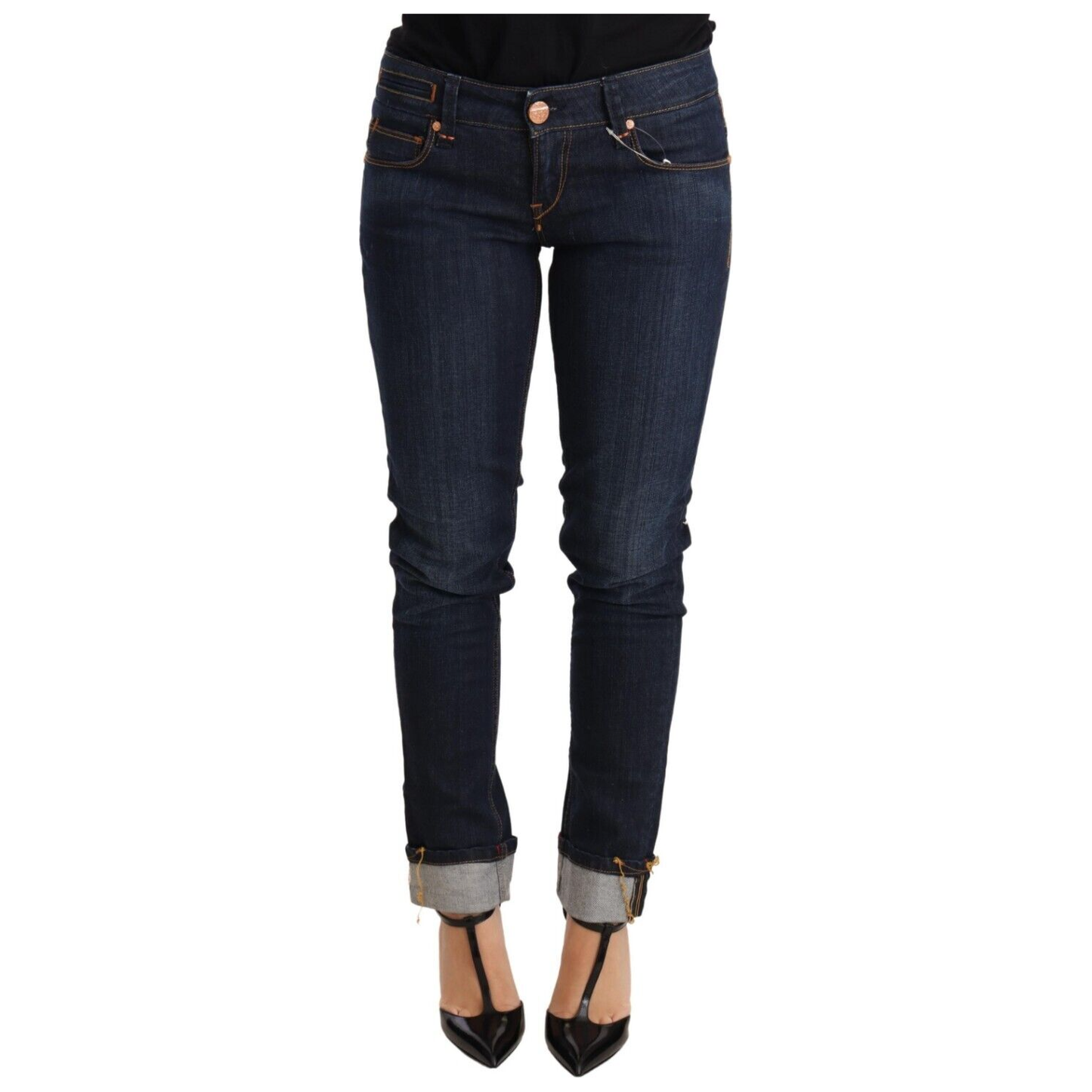 Acht Blue Washed Cotton Low Waist Skinny Denim Women Trouser Jeans