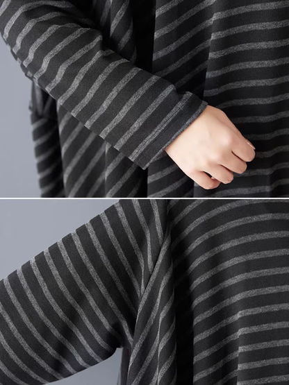 Chic Oversized Striped Cowl-Neck Tunic Dress in Cotton Knitted Fabric