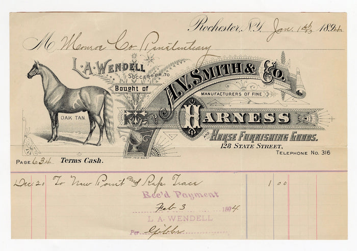 1894 A.V. Smith & Co. Harness and Horse Furnishing Goods Billhead and Die-cut Trade Card Set