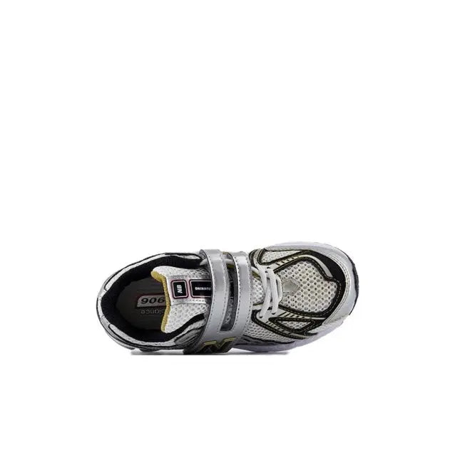 New Balance 1906R sneakers heel view, silver and black lace-up with N logo