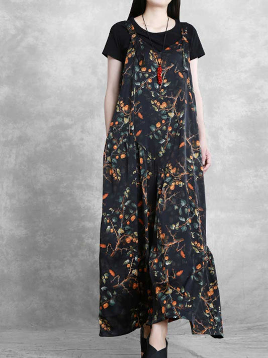 Botanical Print Silk Jumpsuit - Flowing Wide Leg Design