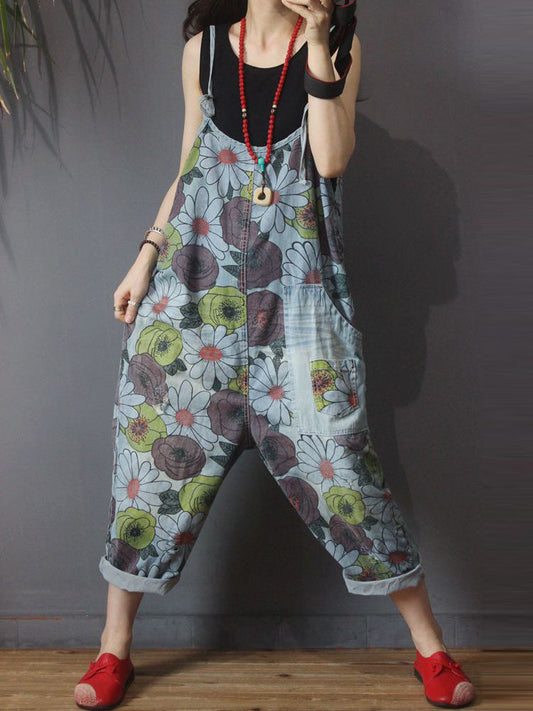 Vintage Floral Cotton Denim Dungarees - Patch Pocket Design