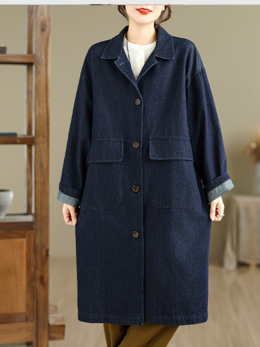 Artfully Relaxed Long Denim Cotton Coat with Notched Collar, Patch Pockets