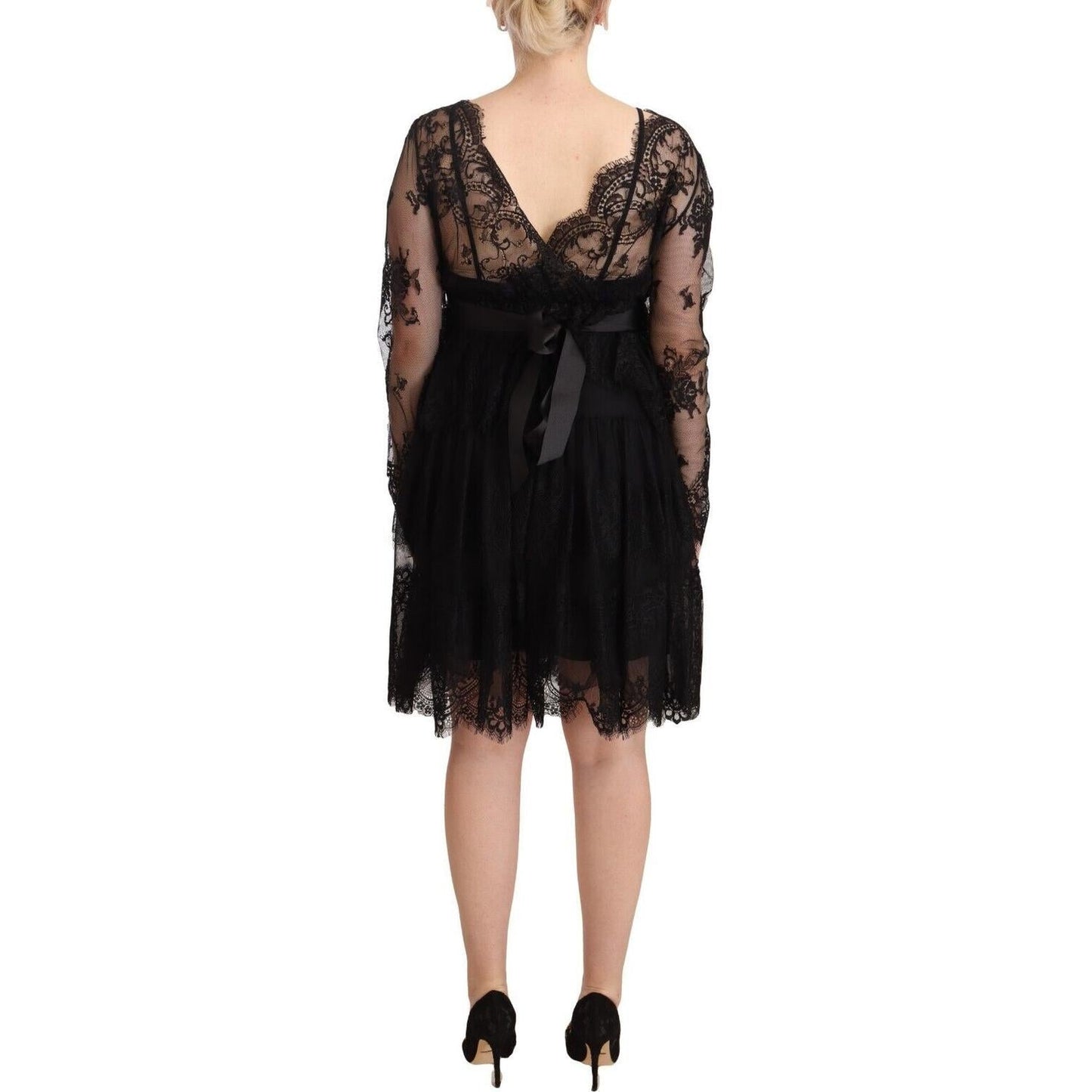 Aniye By Black Floral Lace Cotton Long Sleeves V-neck Shift Dress