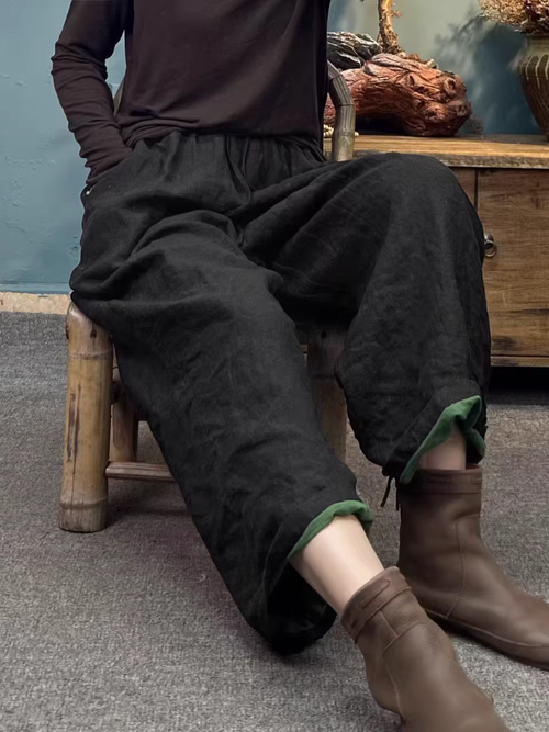 Relaxed Cotton Linen Pants with Tapered Cuffs, Artisanal Women's Trousers