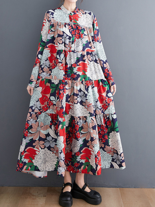 Vintage Floral Tiered Maxi Dress in Soft Polyester, Effortless Elegance