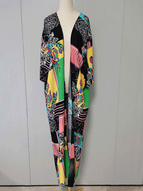 Printed Black Color Polyester Long Length Gown Kimono Duster Robe