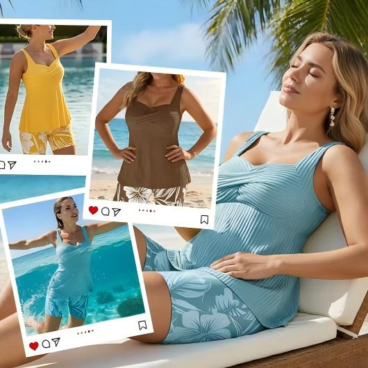 üî•üî•üî•Two-piece Body Covering Surplice Tankini Printed Boxer Swimsuit